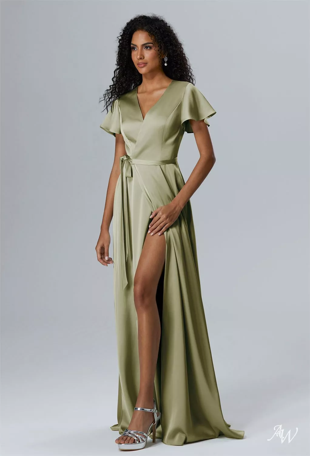 AW Roseanne Dress, Sage Green Crystal Satin Satin Charmeuse